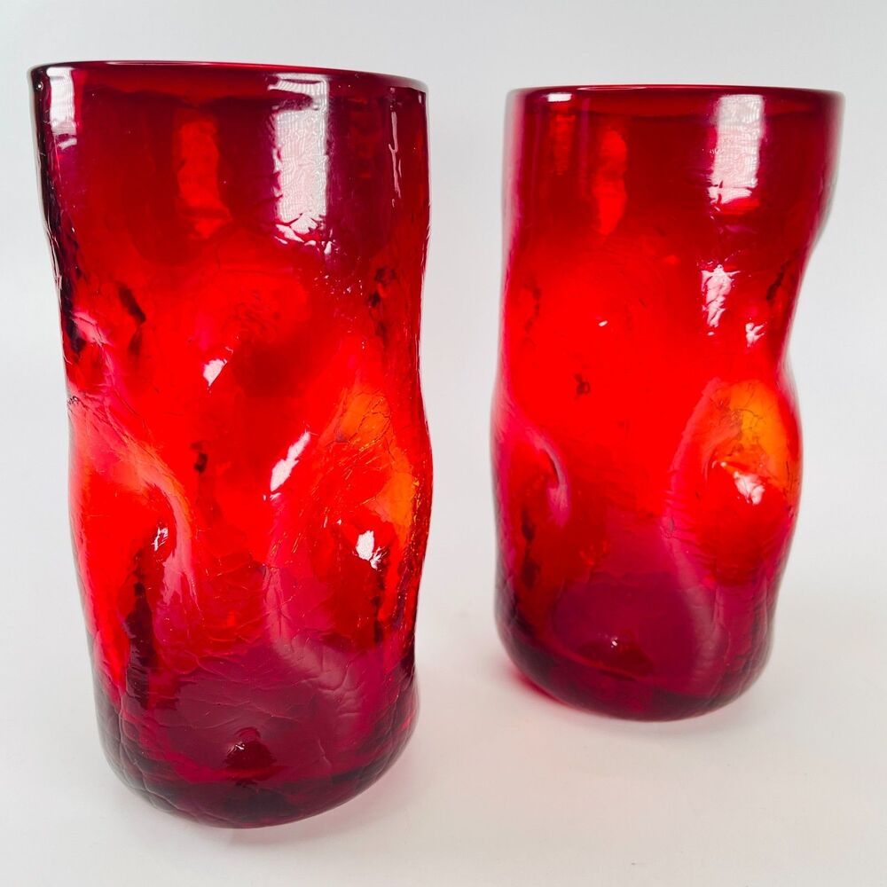 Blenko MCM Red Tangerine Amberina Crackle Pinch Dimple 6" Tumbler Glasses Pair